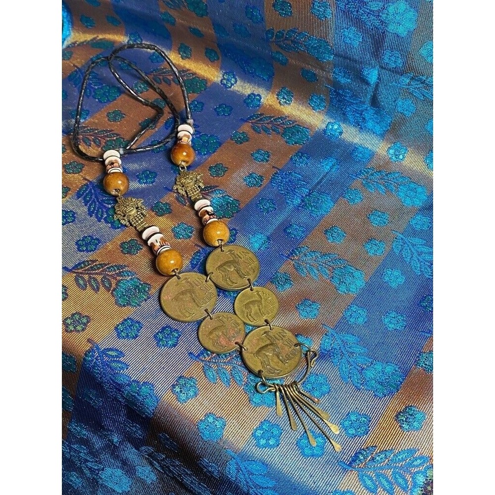 Vintage 70s Necklace Peruvian Sol Coins with Ceramic Beads Llamas Brass Findings